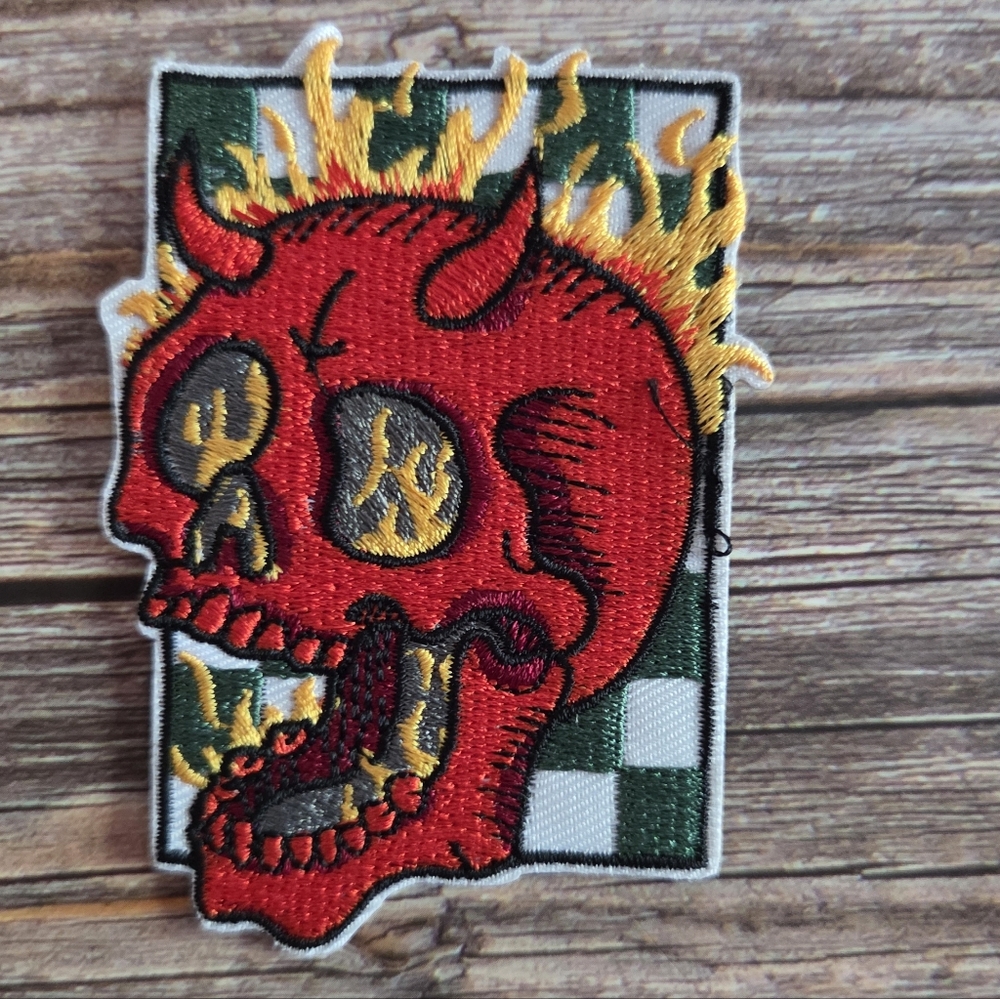 Vintage 90's Tattoo Style Rockabilly Checkered Devil Skull  Iron on Patch